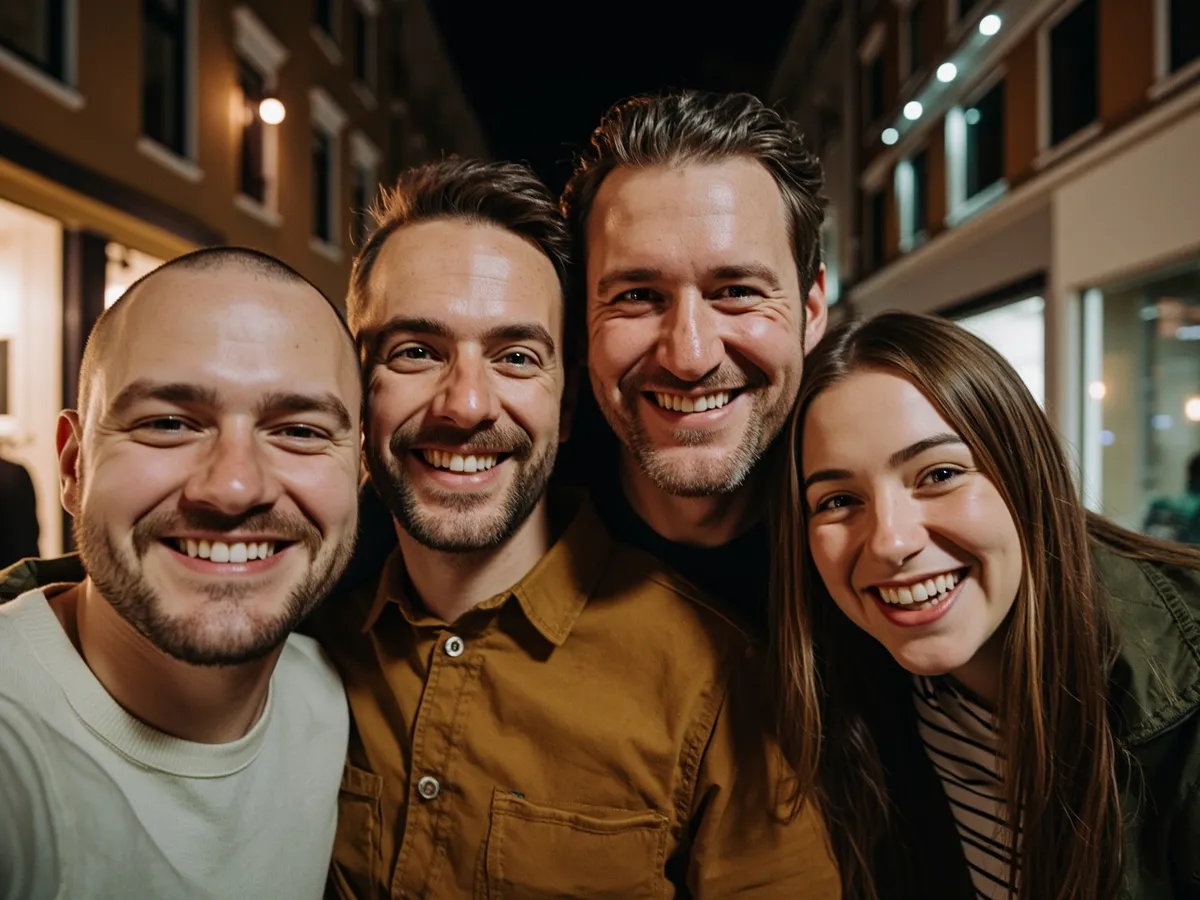 Computer-generated image: four friends laughing together in a group photo on a quest day out