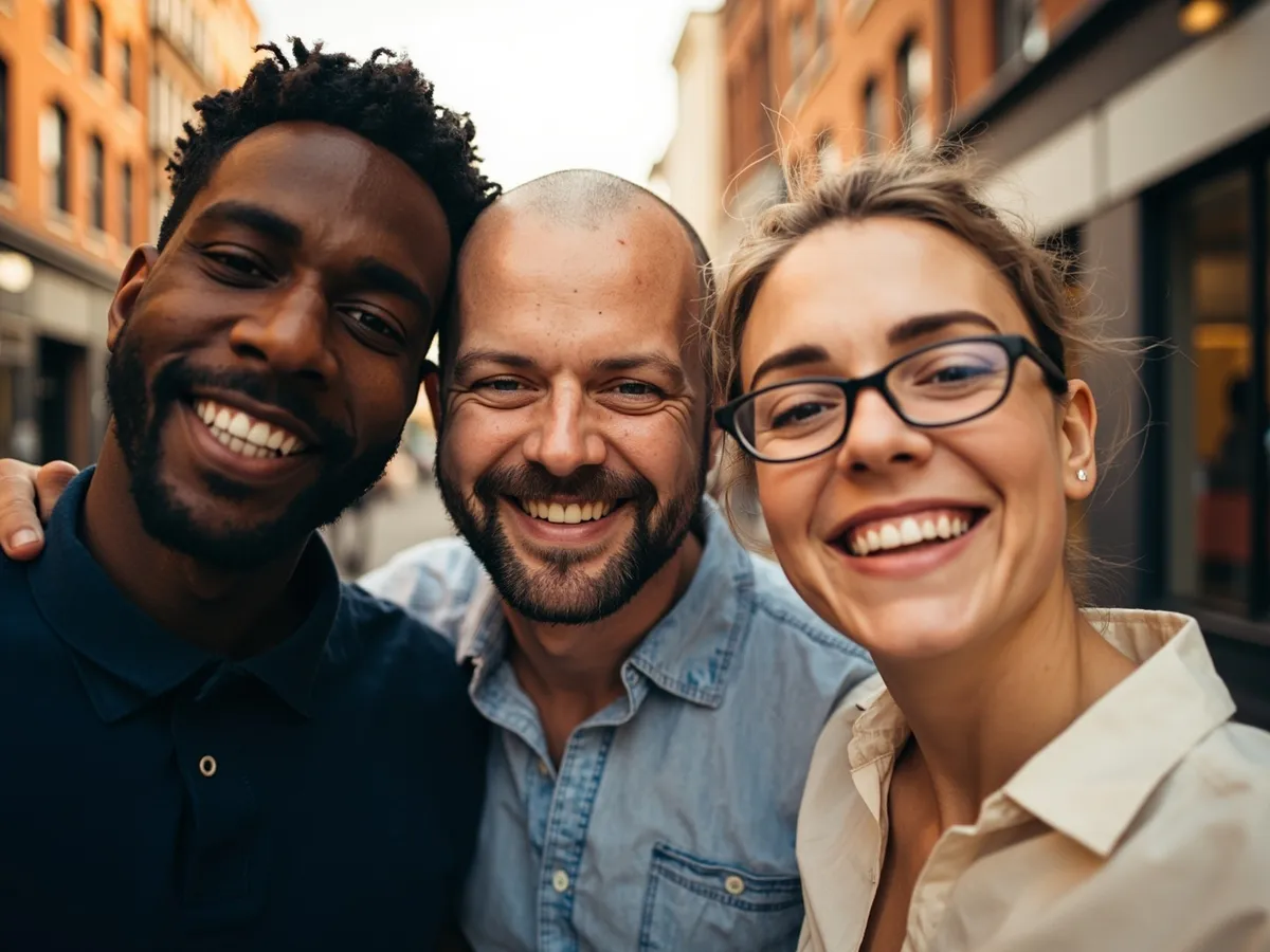 Computer-generated image: three friends laughing together in a group photo on a quest day out