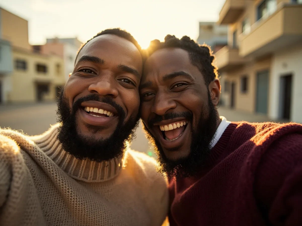 Computer-generated image: two friends laughing together in a group photo on a quest day out