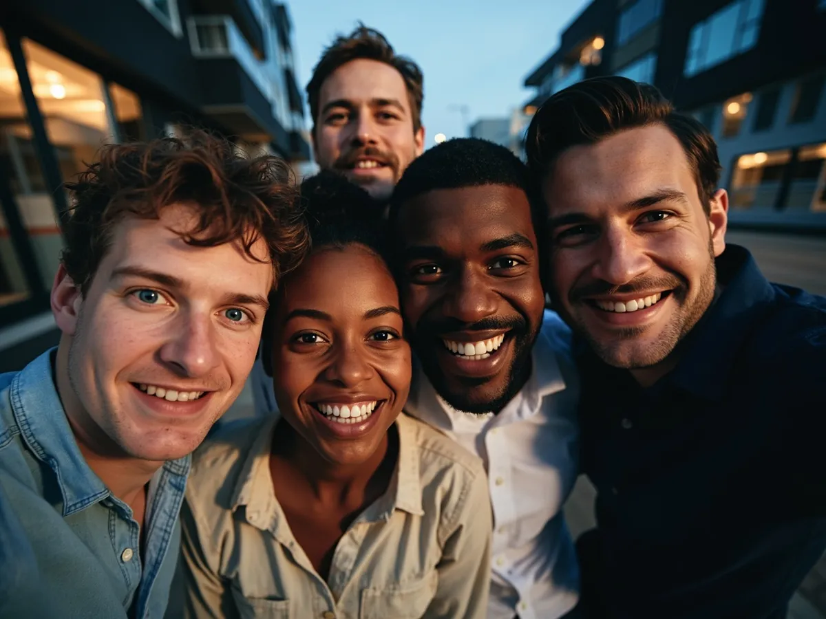 Computer-generated image: four friends laughing together in a group photo on a quest day out