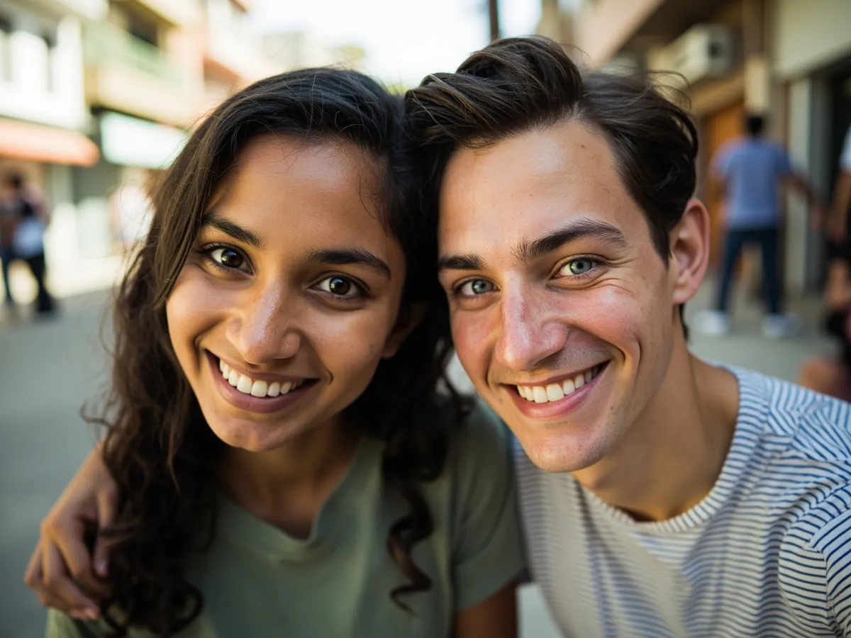 Computer-generated image: two friends laughing together in a group photo on a quest day out