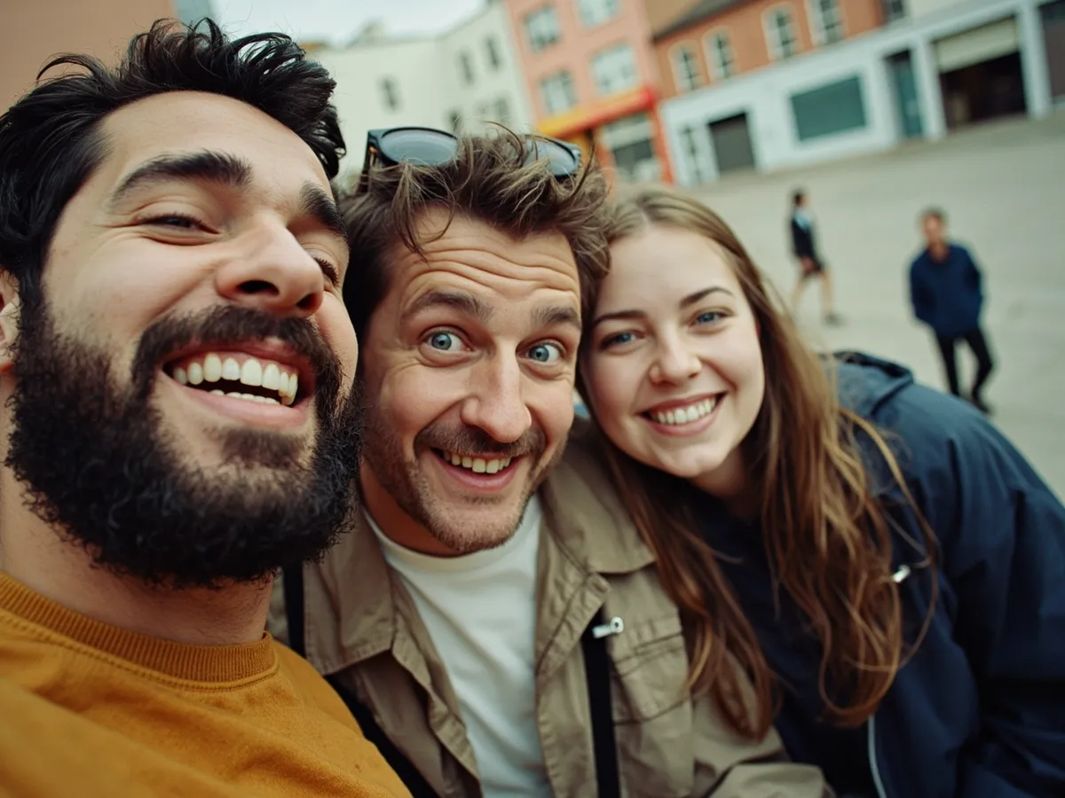 Computer-generated image: three friends laughing together in a group photo on a quest day out