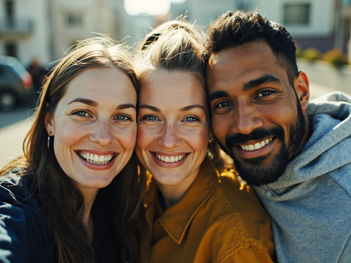 Computer-generated image: three friends laughing together in a group photo on a quest day out
