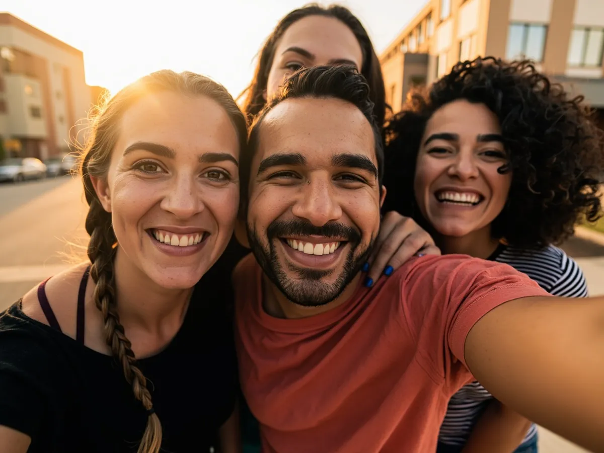 Computer-generated image: four friends laughing together in a group photo on a quest day out