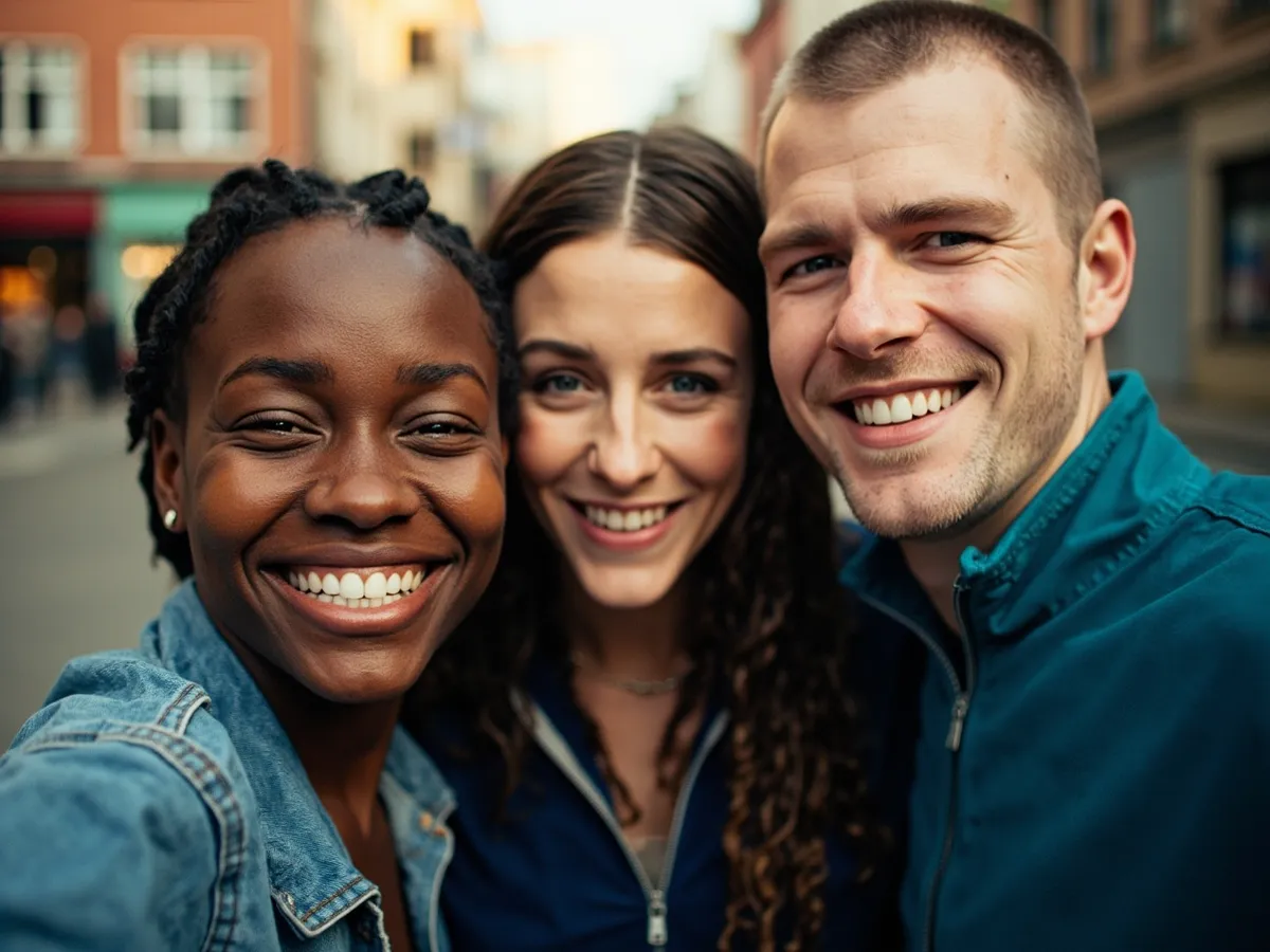 Computer-generated image: three friends laughing together in a group photo on a quest day out