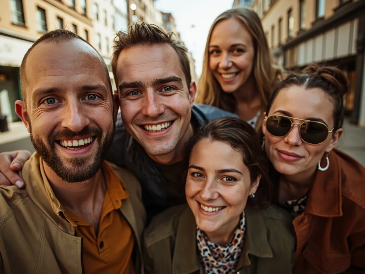 Computer-generated image: four friends laughing together in a group photo on a quest day out