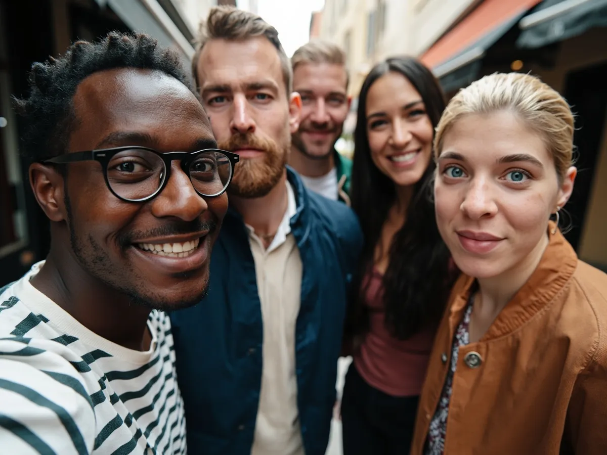 Computer-generated image: four friends laughing together in a group photo on a quest day out