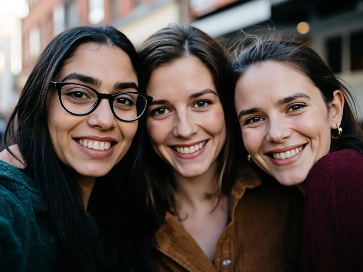Computer-generated image: three friends laughing together in a group photo on a quest day out