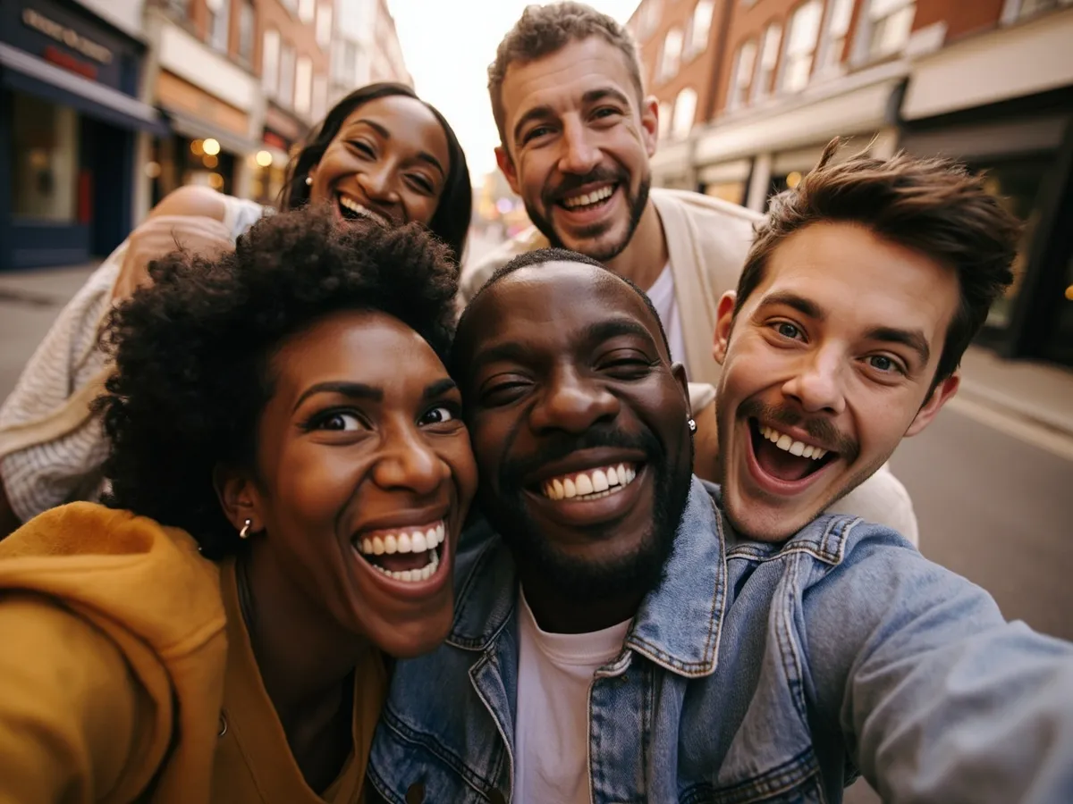 Computer-generated image: four friends laughing together in a group photo on a quest day out