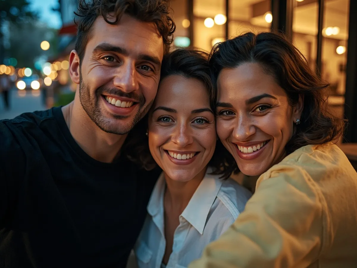 Computer-generated image: three friends laughing together in a group photo on a quest day out