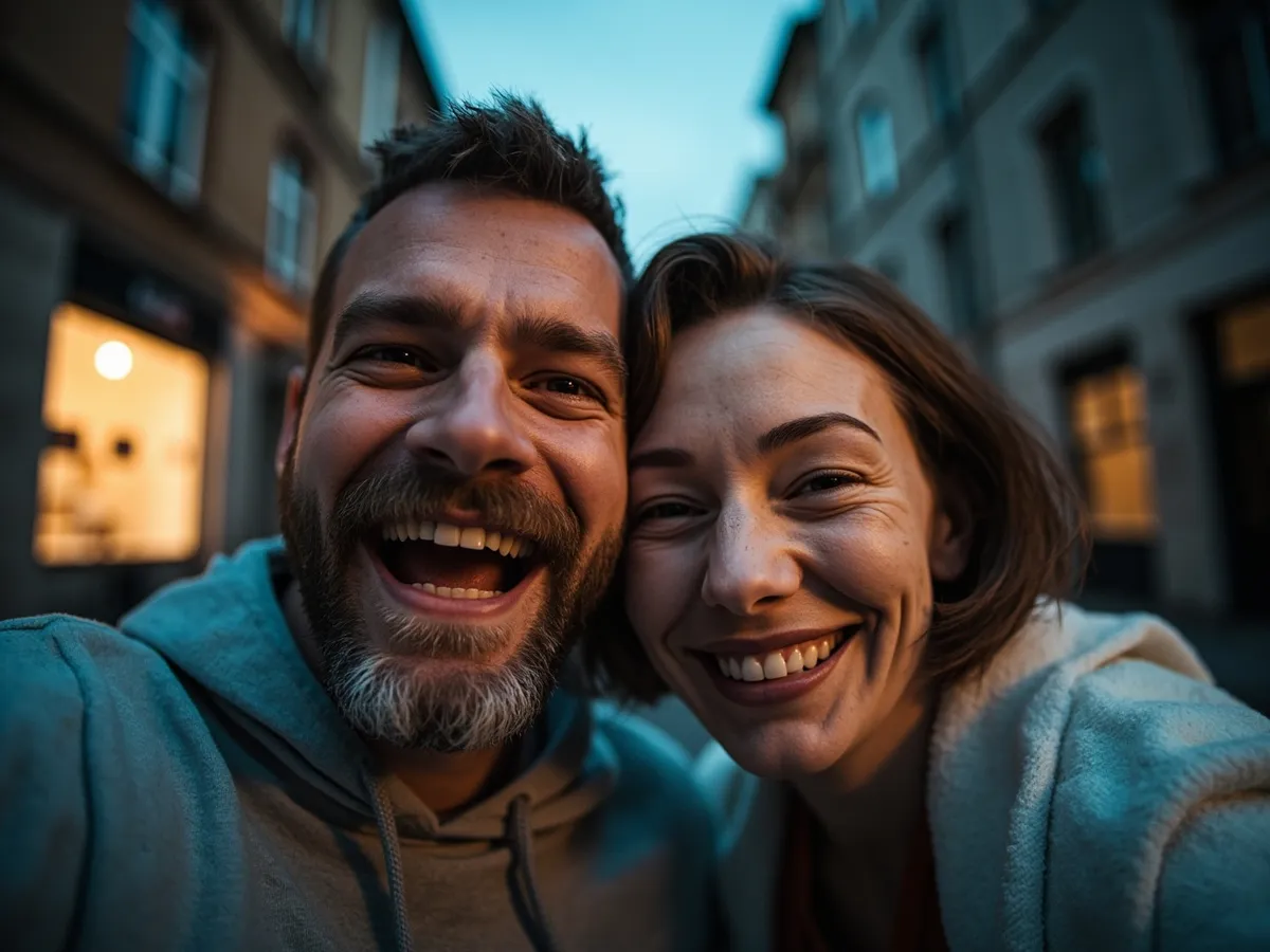 Computer-generated image: two friends laughing together in a group photo on a quest day out