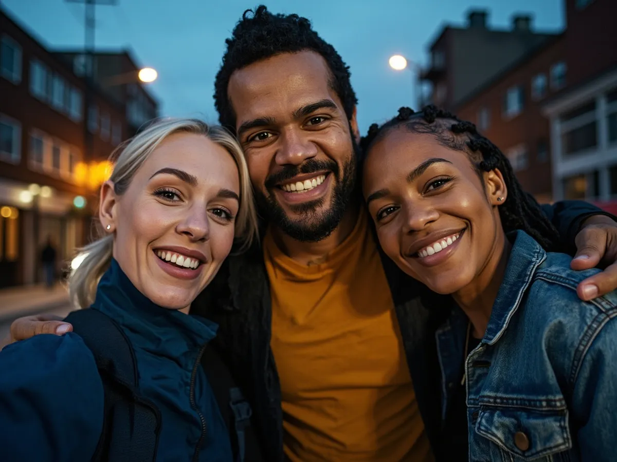 Computer-generated image: three friends laughing together in a group photo on a quest day out