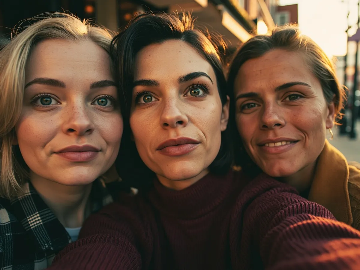 Computer-generated image: three friends laughing together in a group photo on a quest day out