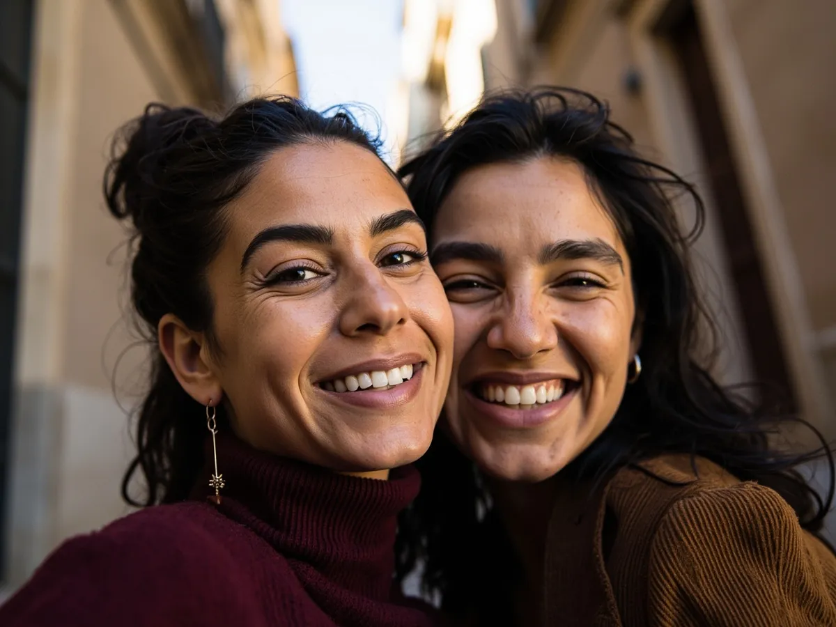 Computer-generated image: two friends laughing together in a group photo on a quest day out