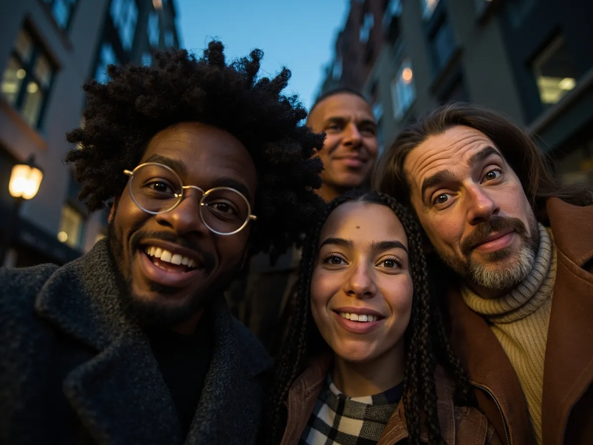 Computer-generated image: four friends laughing together in a group photo on a quest day out