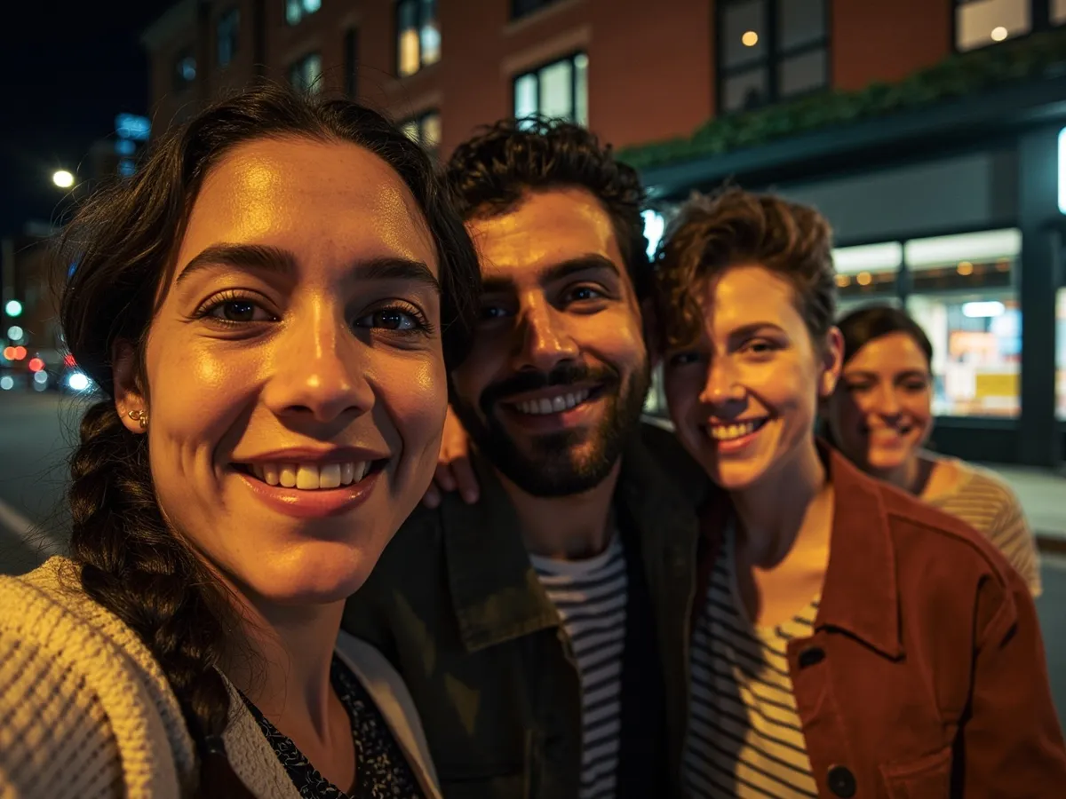 Computer-generated image: four friends laughing together in a group photo on a quest day out