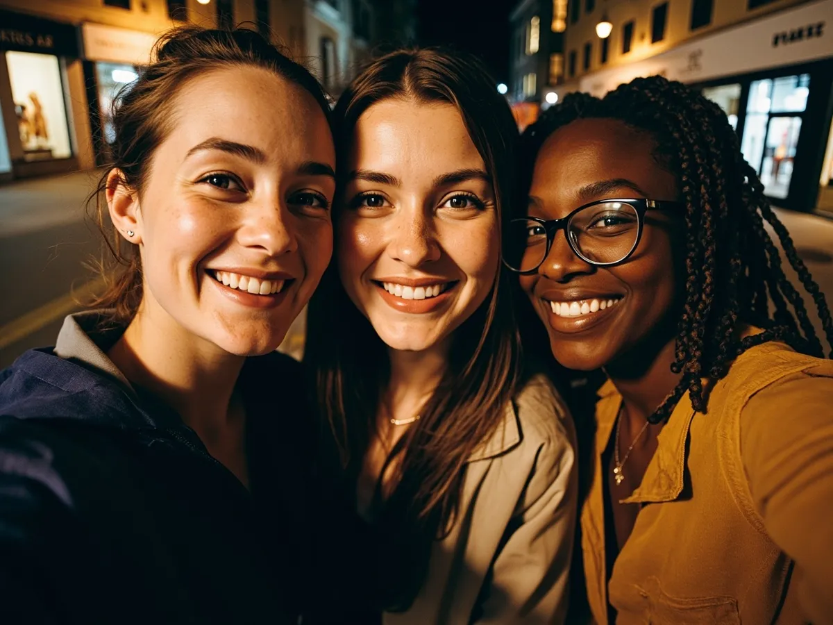 Computer-generated image: three friends laughing together in a group photo on a quest day out