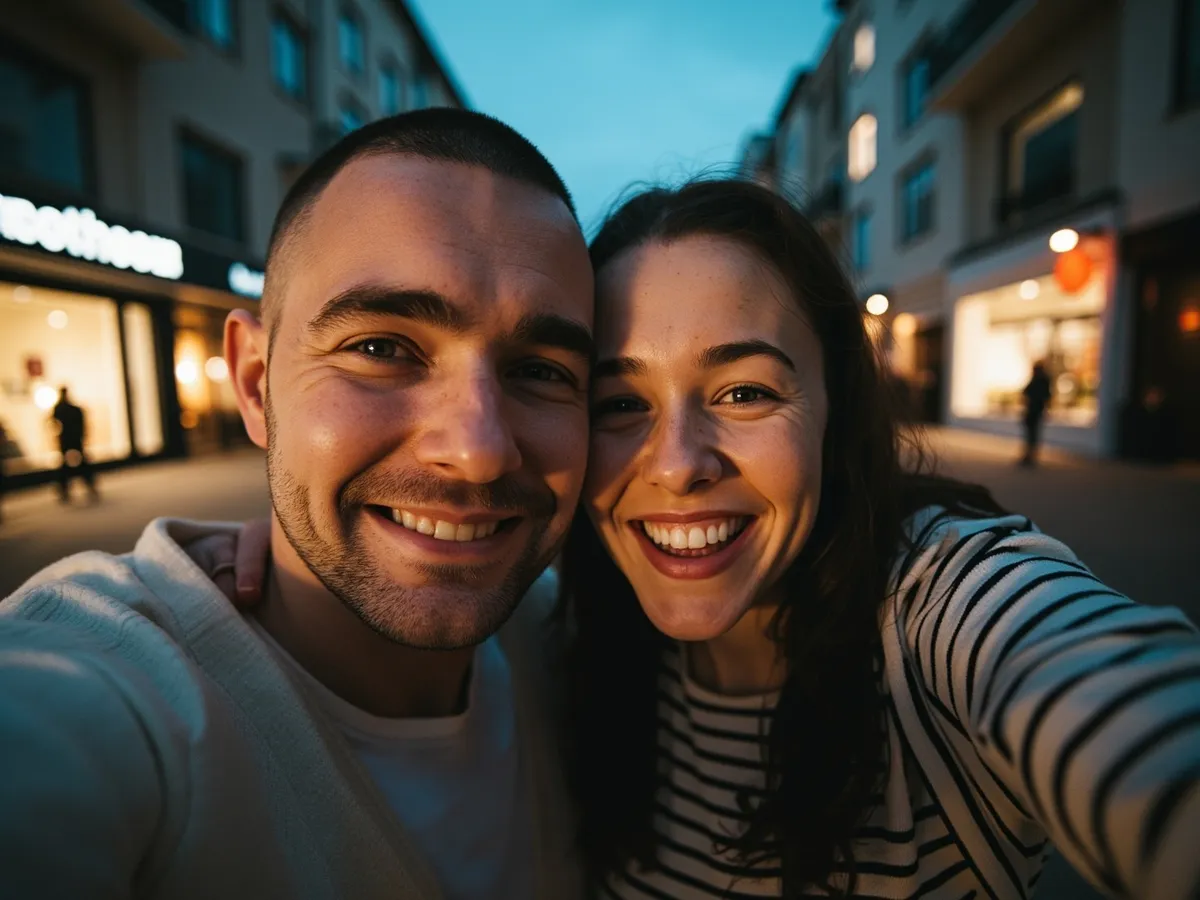 Computer-generated image: two friends laughing together in a group photo on a quest day out