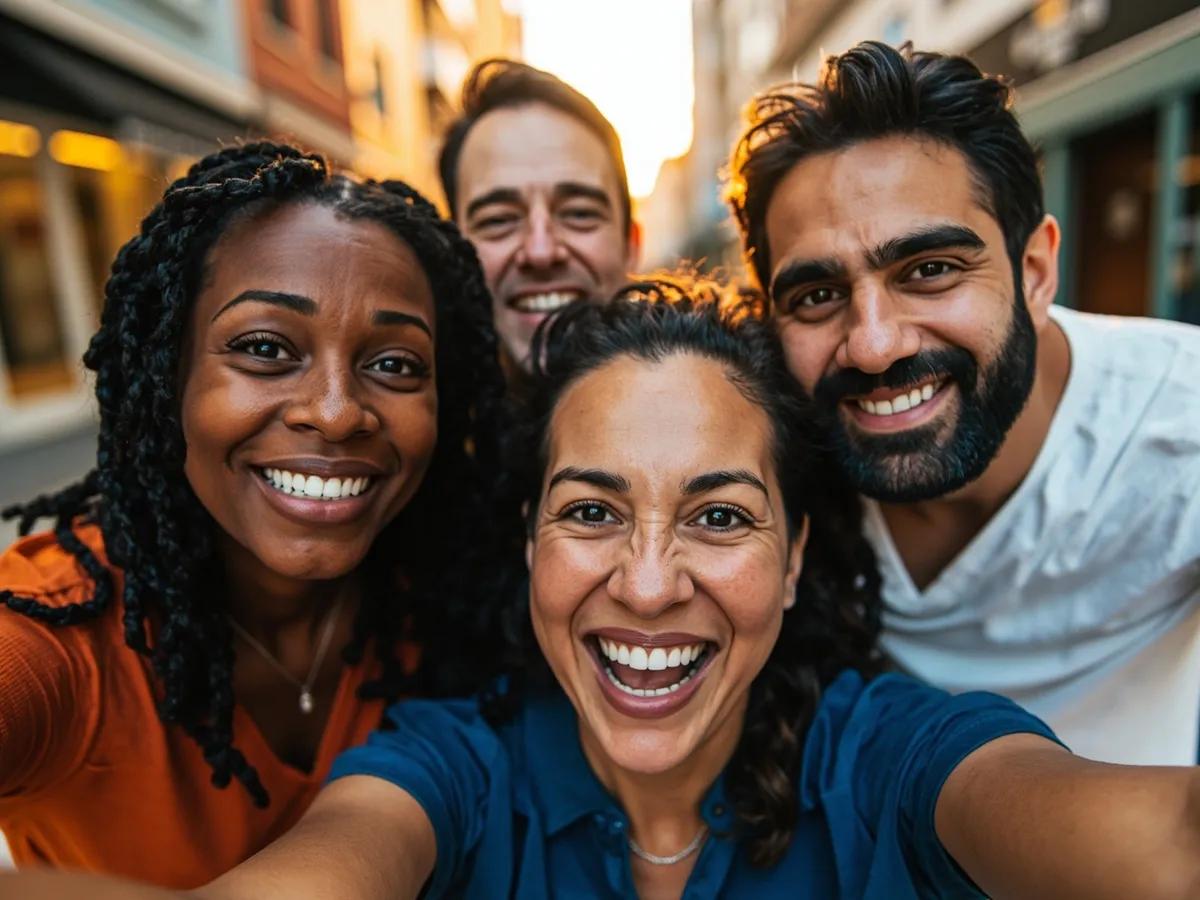 Computer-generated image: four friends laughing together in a group photo on a quest day out