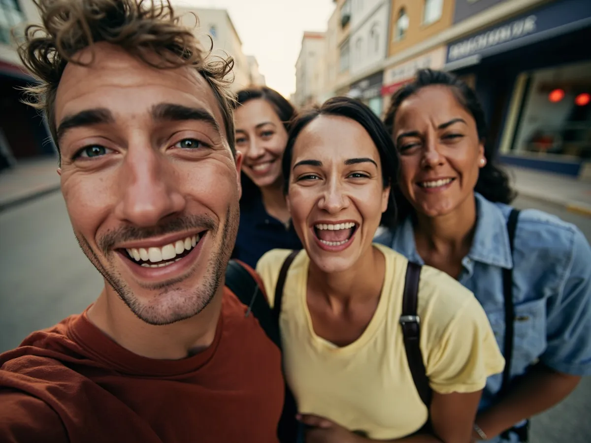 Computer-generated image: four friends laughing together in a group photo on a quest day out