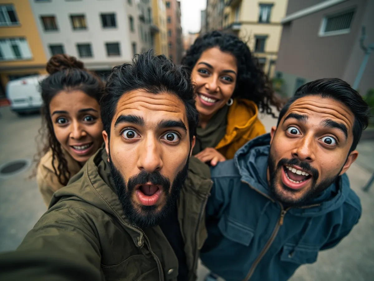 Computer-generated image: four friends laughing together in a group photo on a quest day out
