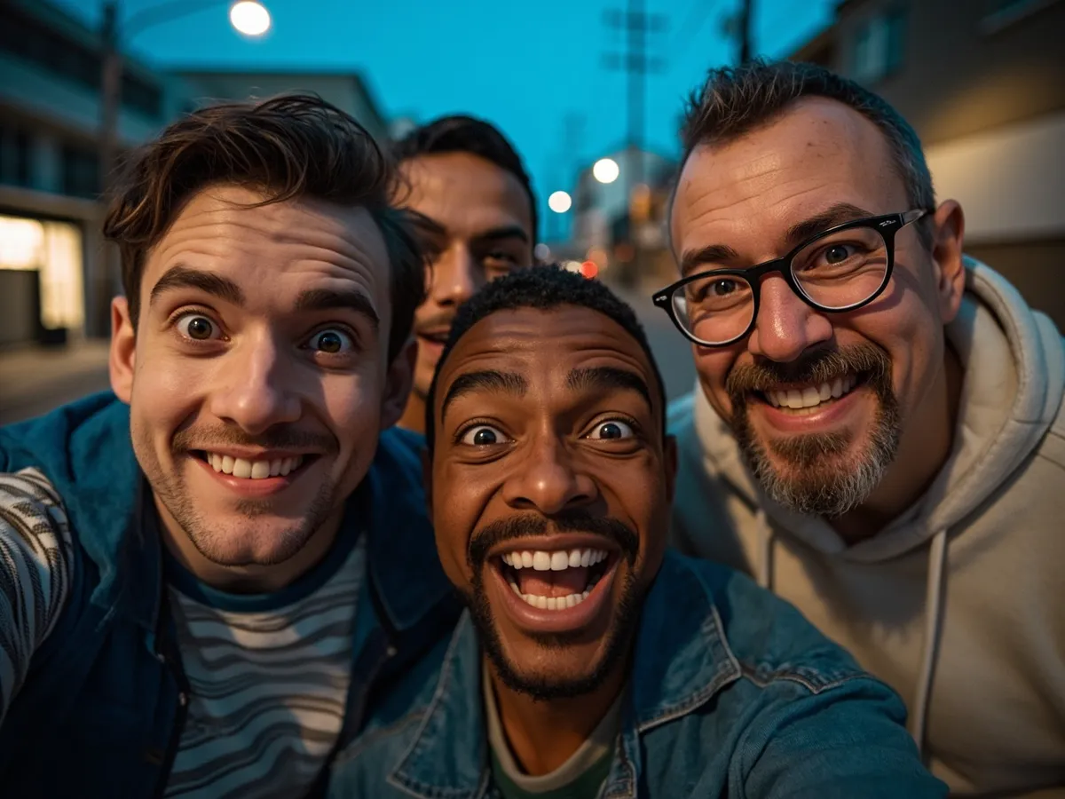 Computer-generated image: four friends laughing together in a group photo on a quest day out