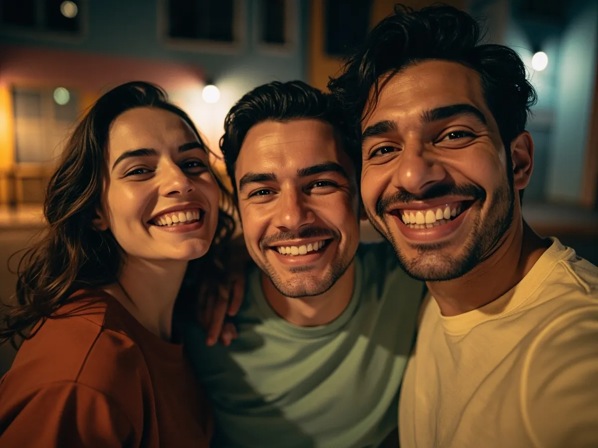 Computer-generated image: three friends laughing together in a group photo on a quest day out