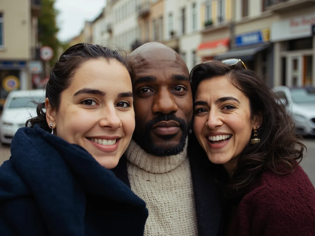Computer-generated image: three friends laughing together in a group photo on a quest day out
