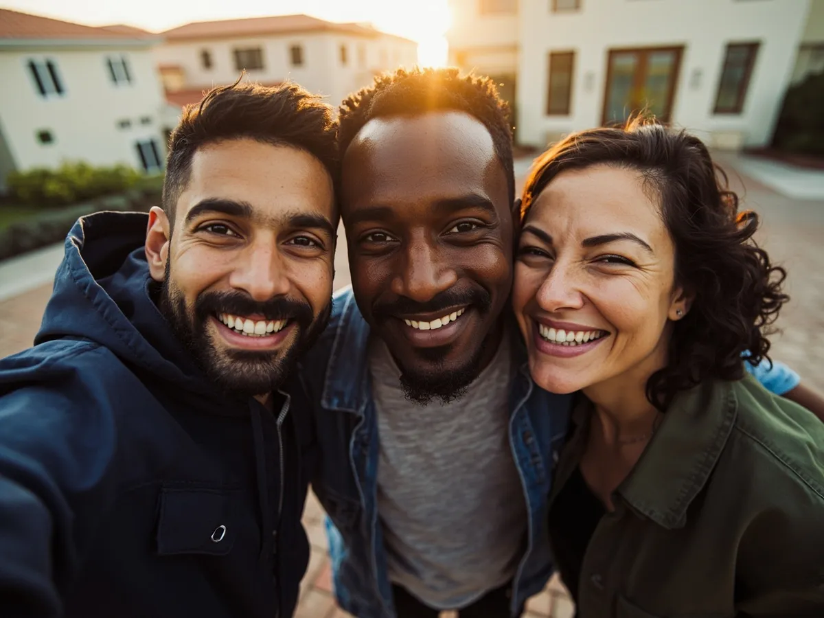Computer-generated image: three friends laughing together in a group photo on a quest day out
