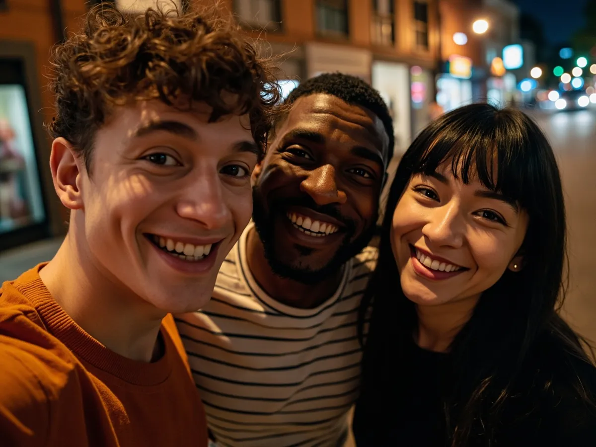 Computer-generated image: three friends laughing together in a group photo on a quest day out