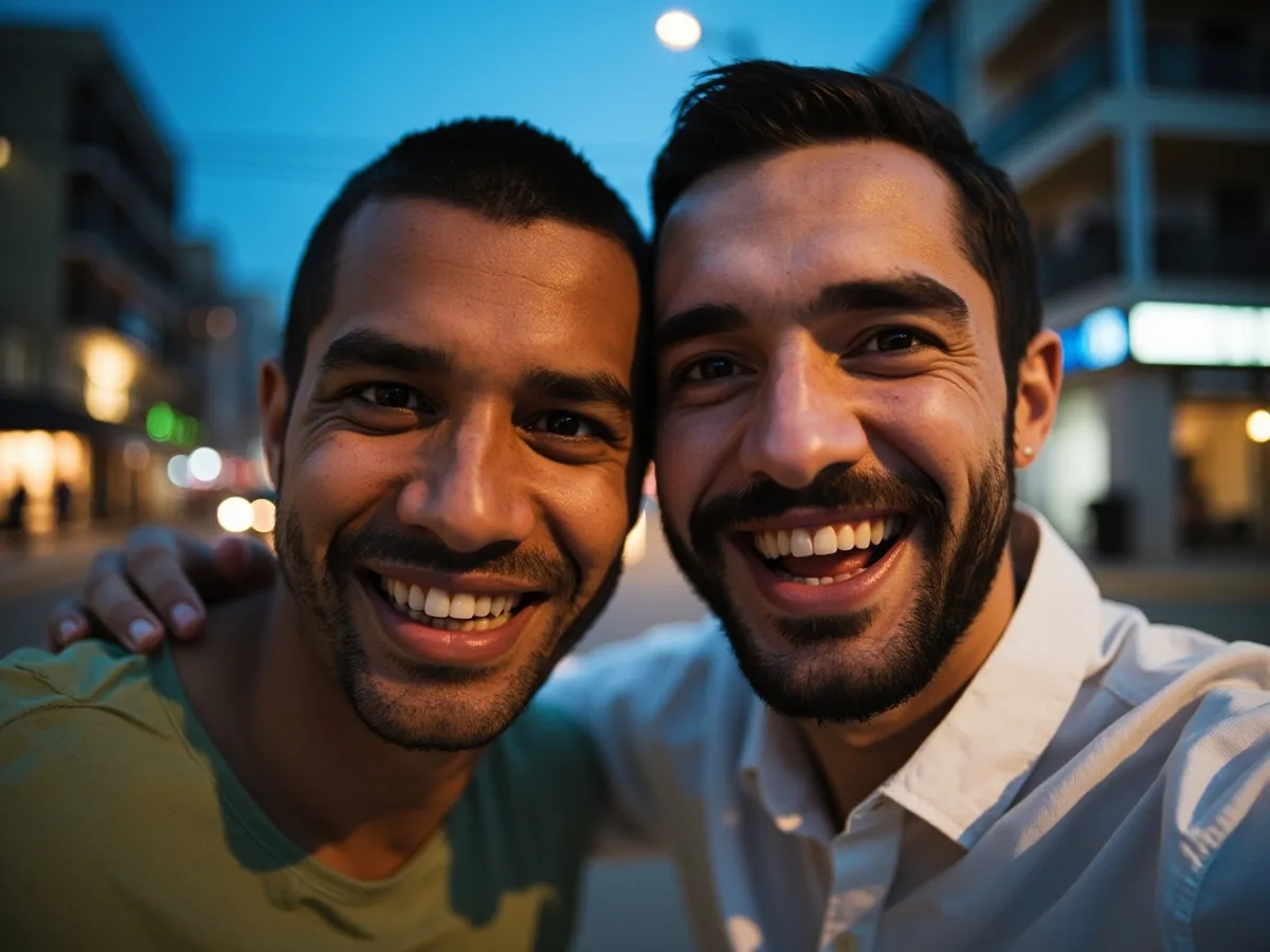 Computer-generated image: two friends laughing together in a group photo on a quest day out