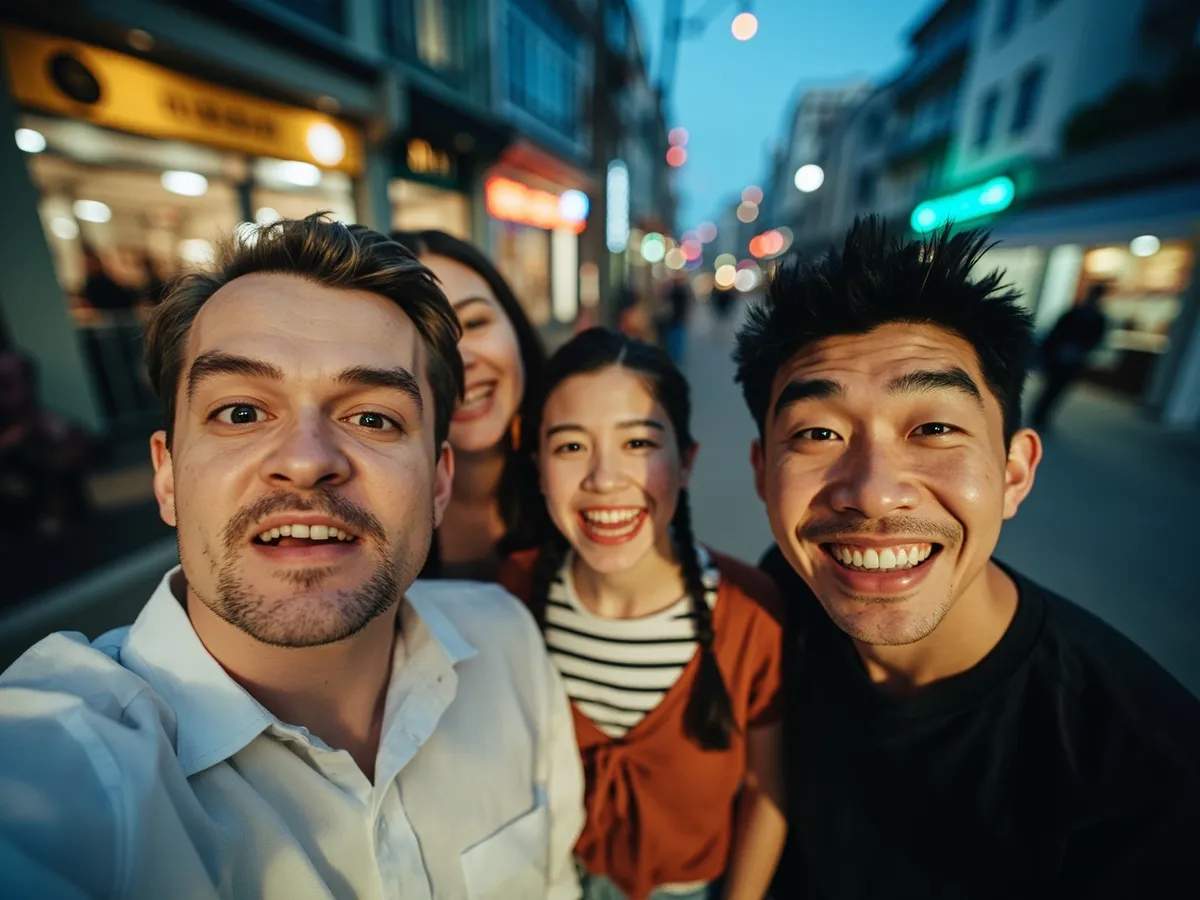 Computer-generated image: four friends laughing together in a group photo on a quest day out