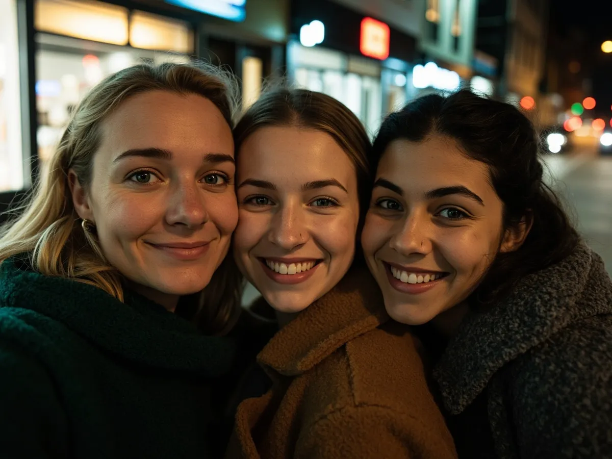 Computer-generated image: three friends laughing together in a group photo on a quest day out