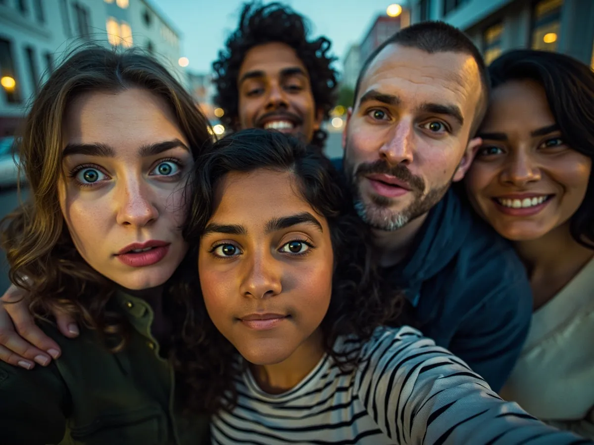 Computer-generated image: four friends laughing together in a group photo on a quest day out