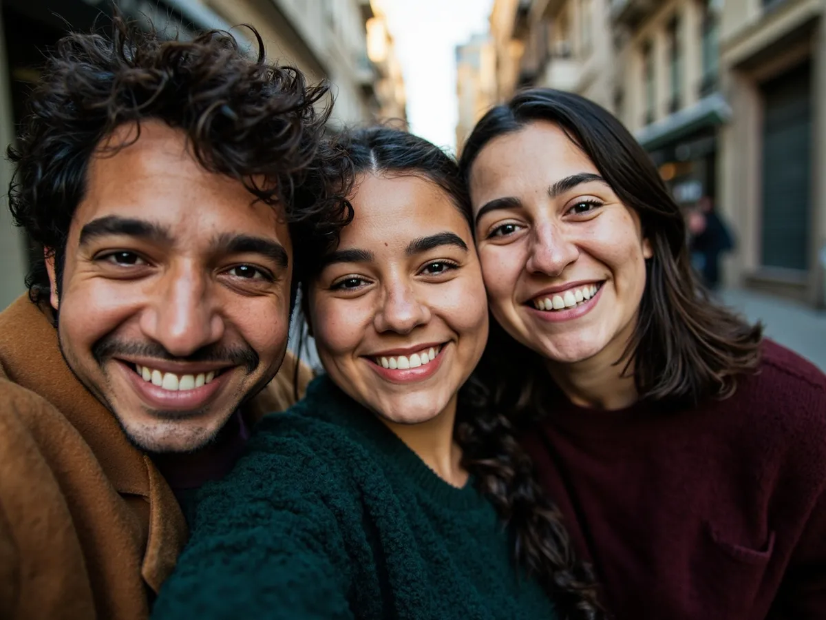 Computer-generated image: three friends laughing together in a group photo on a quest day out