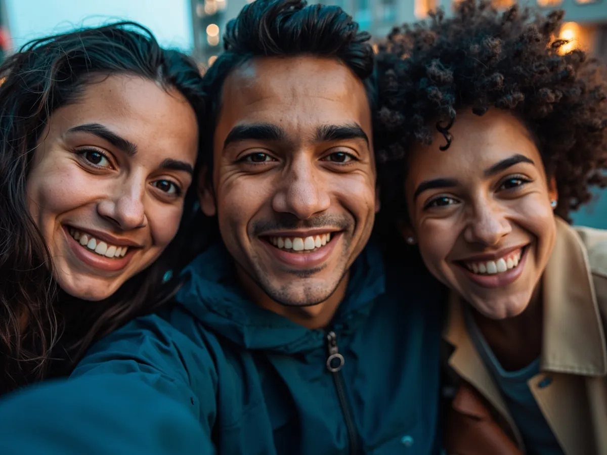 Computer-generated image: three friends laughing together in a group photo on a quest day out