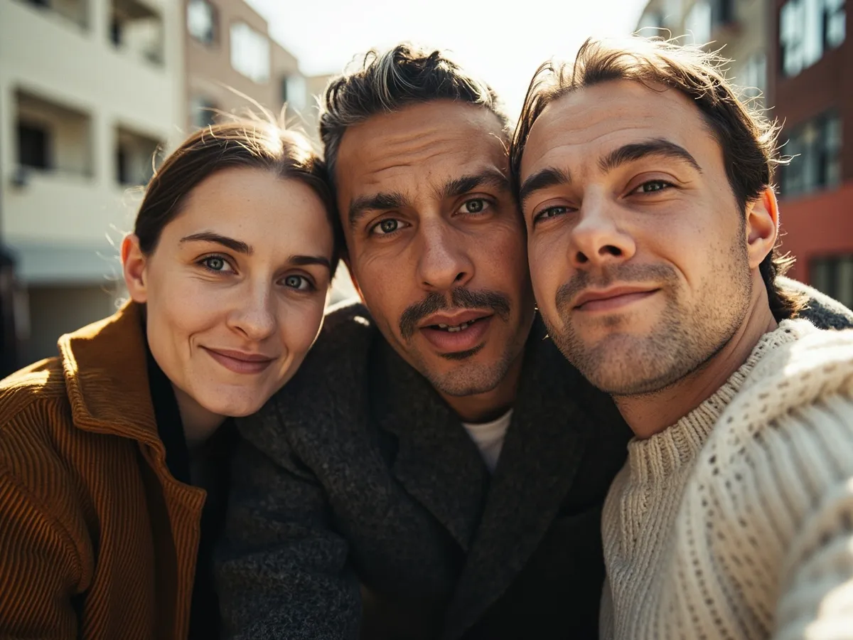 Computer-generated image: three friends laughing together in a group photo on a quest day out
