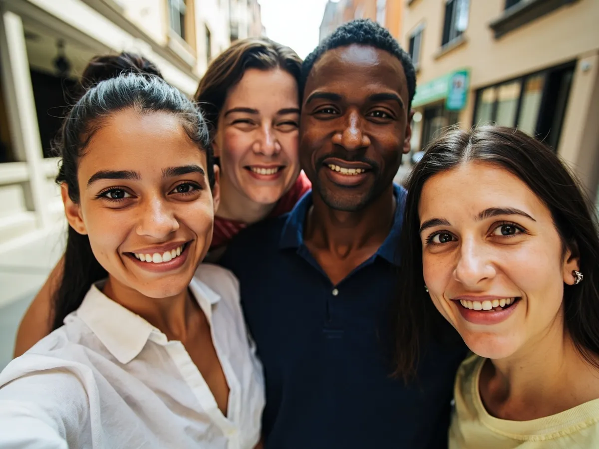 Computer-generated image: four friends laughing together in a group photo on a quest day out