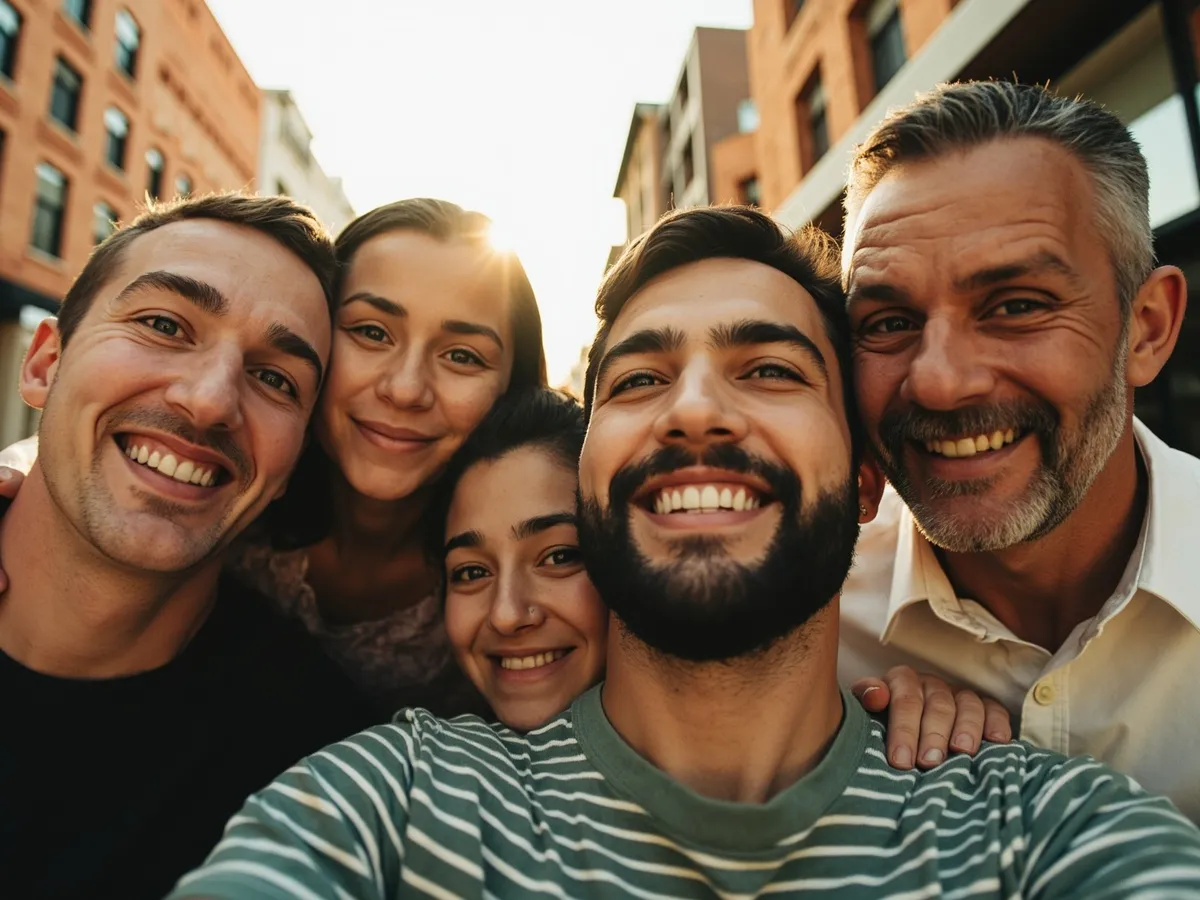 Computer-generated image: four friends laughing together in a group photo on a quest day out