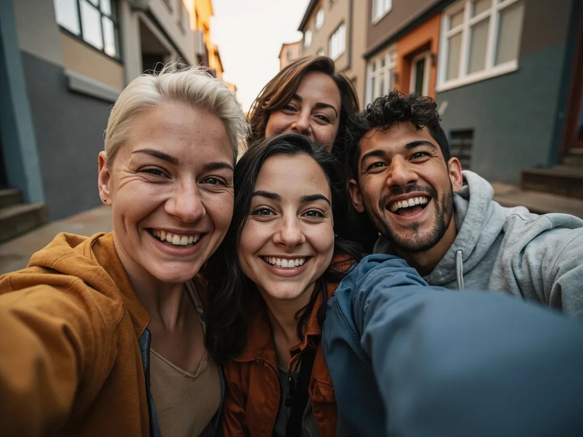 Computer-generated image: four friends laughing together in a group photo on a quest day out