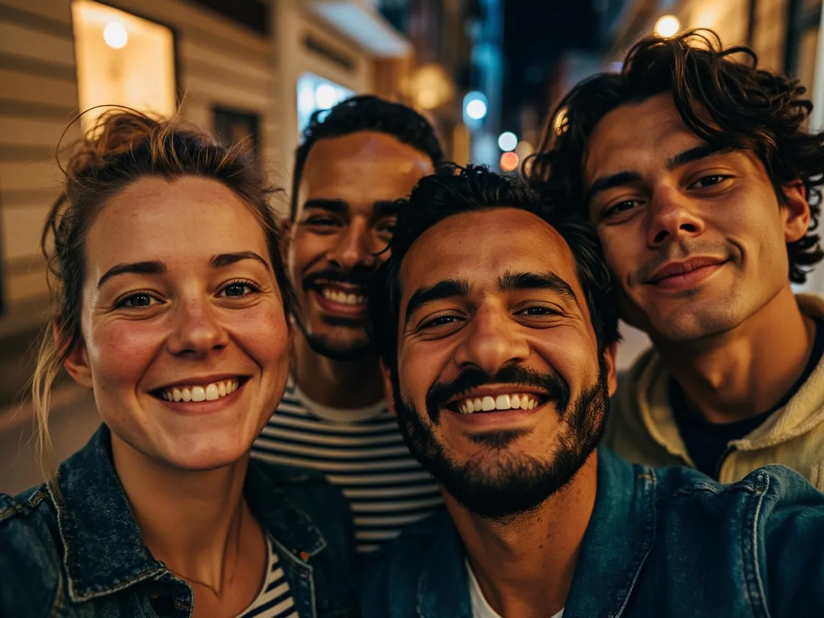 Computer-generated image: four friends laughing together in a group photo on a quest day out