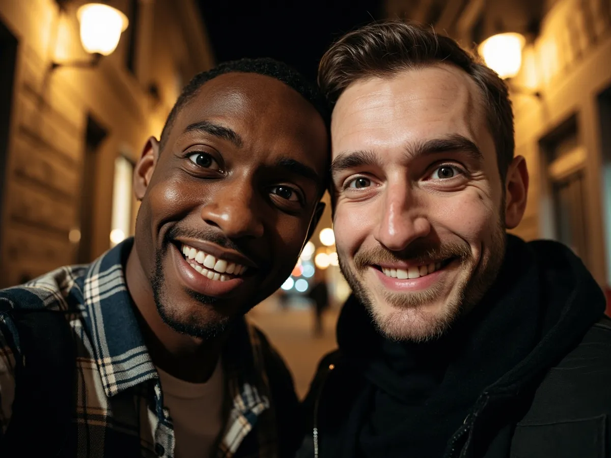Computer-generated image: two friends laughing together in a group photo on a quest day out