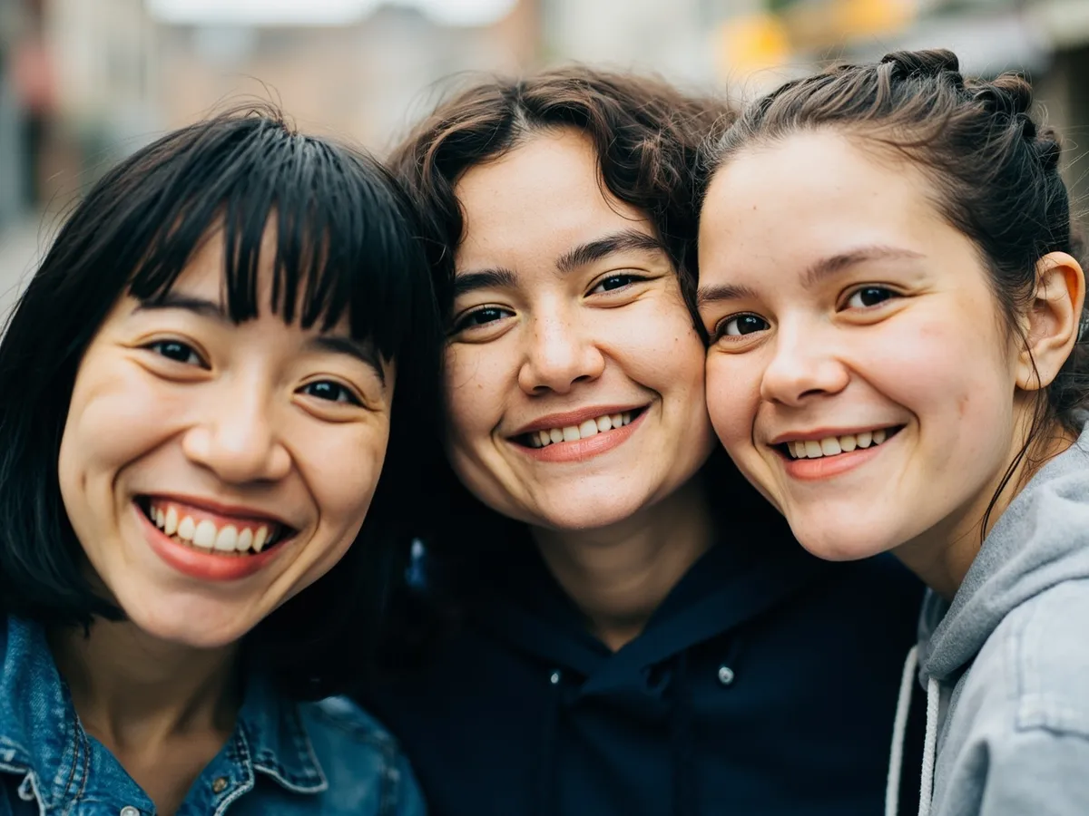 Computer-generated image: three friends laughing together in a group photo on a quest day out