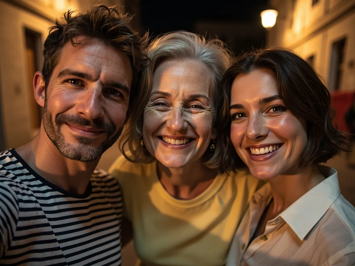 Computer-generated image: three friends laughing together in a group photo on a quest day out