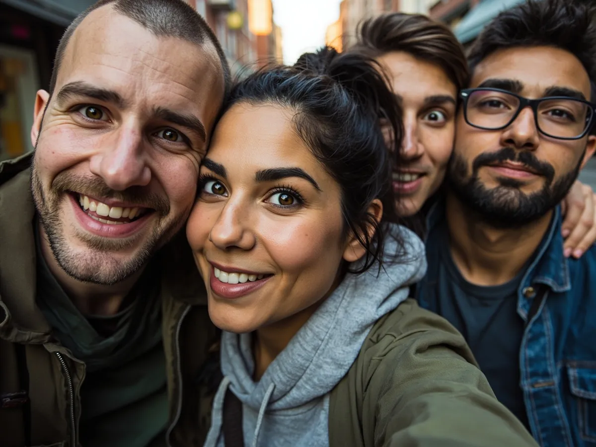 Computer-generated image: four friends laughing together in a group photo on a quest day out