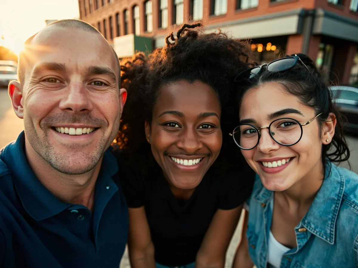 Computer-generated image: three friends laughing together in a group photo on a quest day out