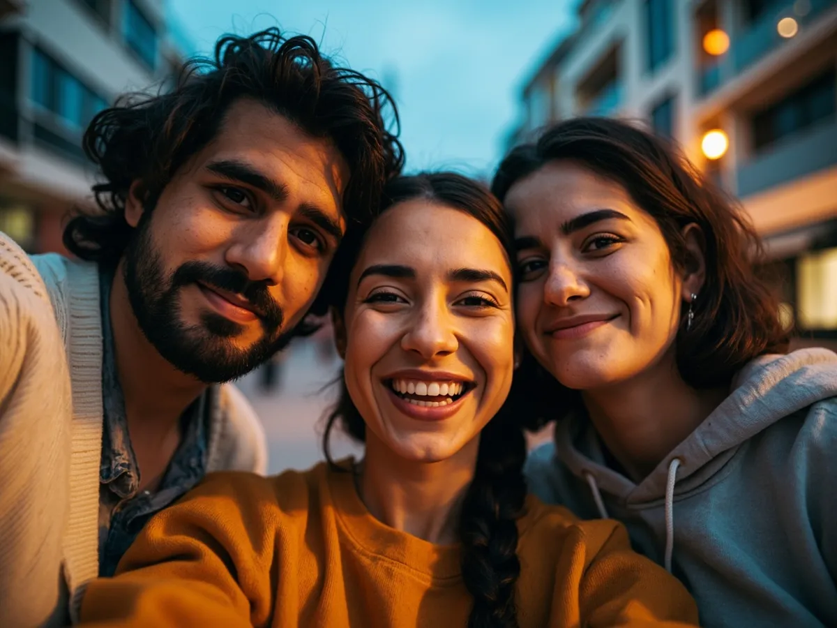 Computer-generated image: three friends laughing together in a group photo on a quest day out