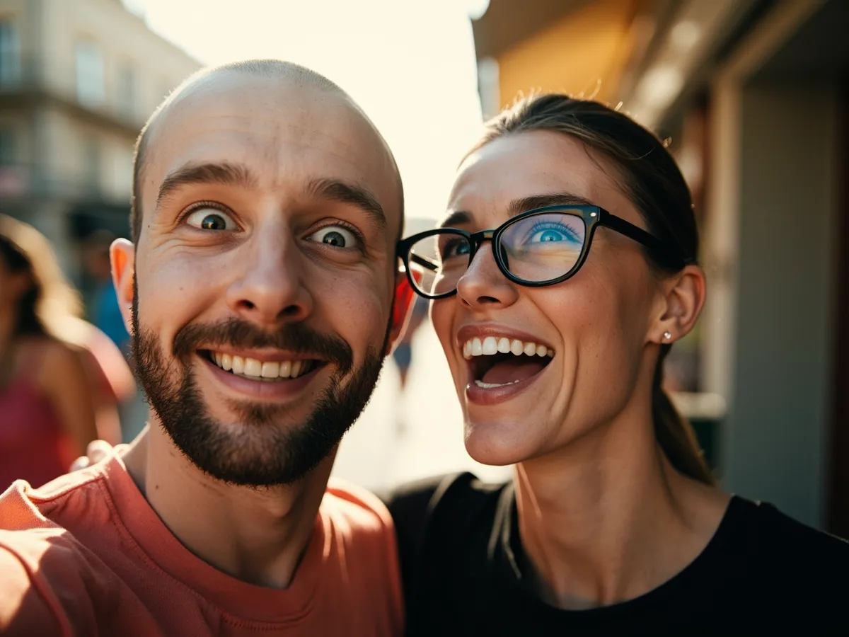 Computer-generated image: two friends laughing together in a group photo on a quest day out