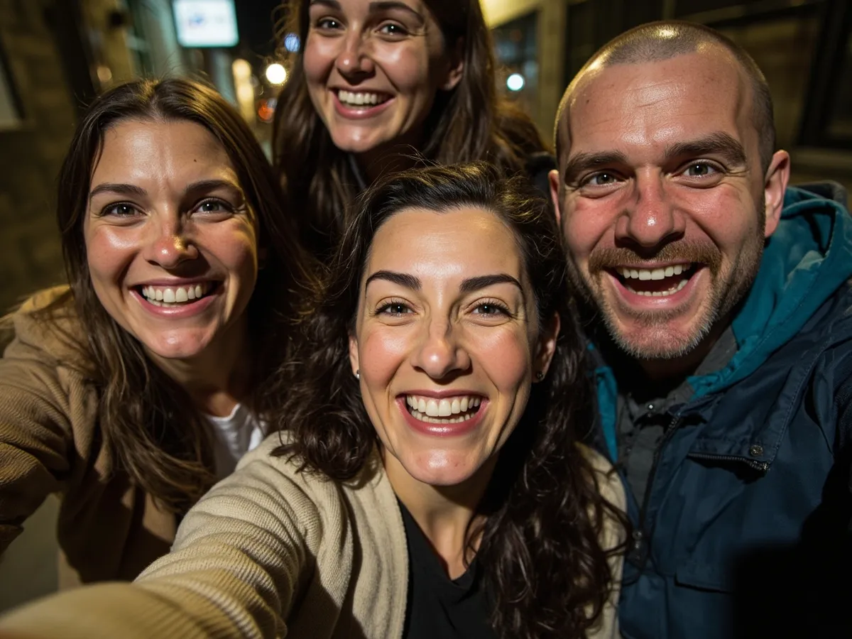 Computer-generated image: four friends laughing together in a group photo on a quest day out