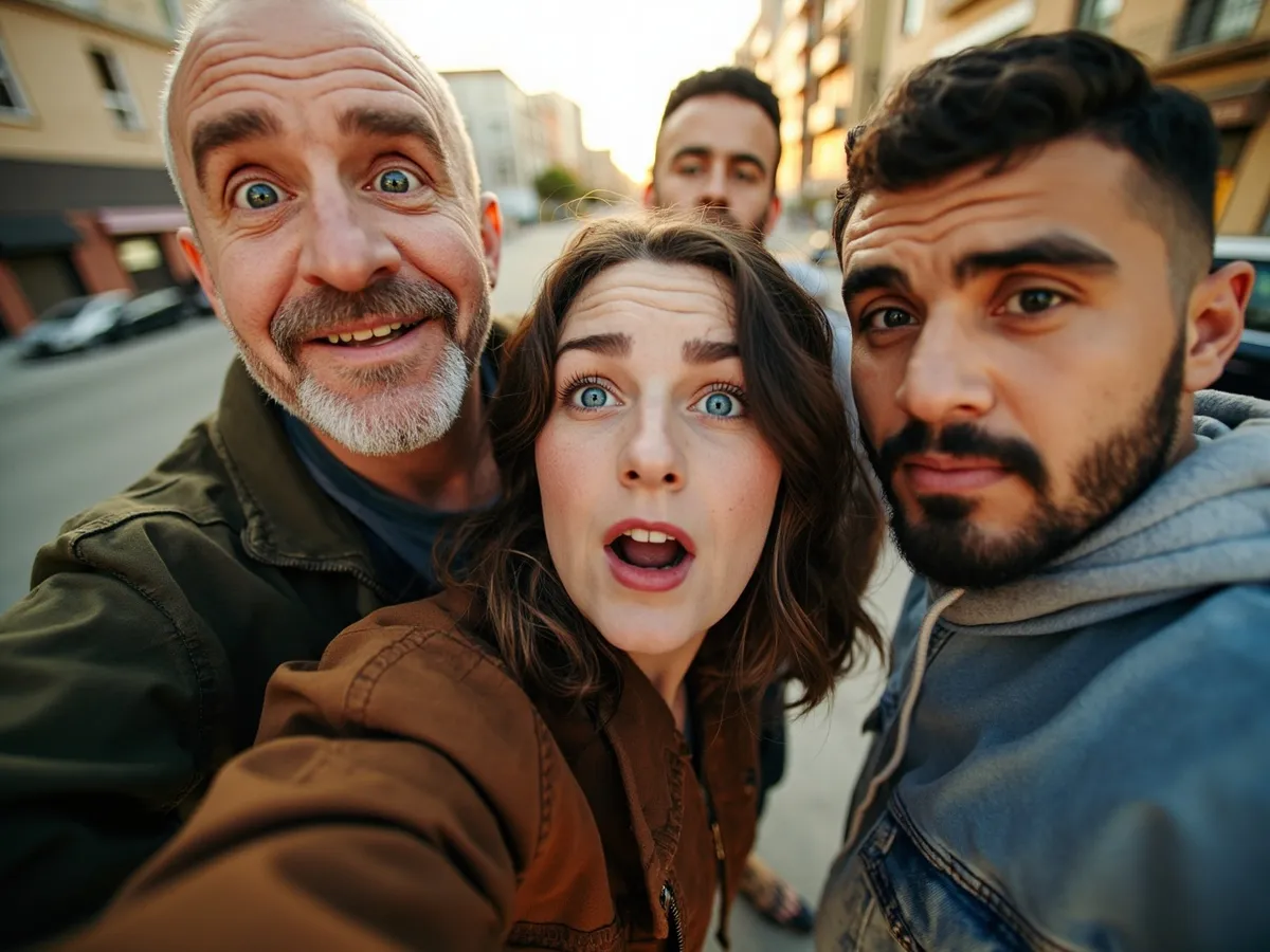Computer-generated image: four friends laughing together in a group photo on a quest day out